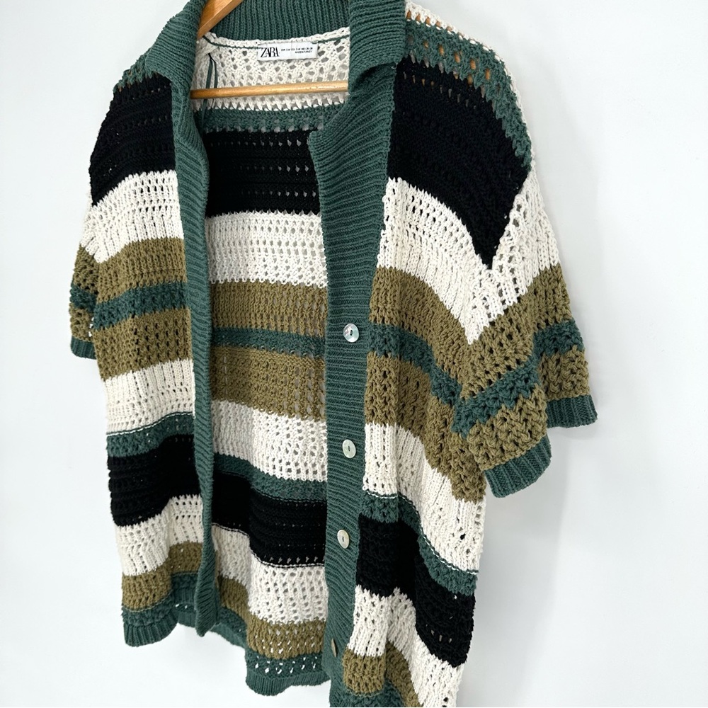 Zara Colorblock Striped Button Down Crochet Knit Polo Cardigan Sweater, Medium - Picture 8 of 14